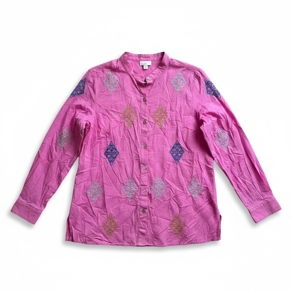 NWT J Jill Camellia Embroidered Tunic Shirt Pink Button Front Womens S